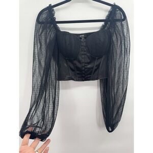 Privy Small Whimsigoth Satin Corset Top Sheer Lace Puff Sleeve Crop Fairy Grunge